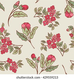 Vector vintage doodle flower branches seamless pattern