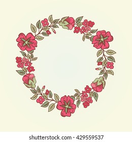 Vector vintage doodle flowers round frame for text