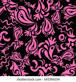 Vector vintage doodles ornament. Hand drawn sketch. Design for fabric, wallpaper, background, invitation, wrapping and book covers. Damask seamless pattern in pink and black colors. Oriental style.