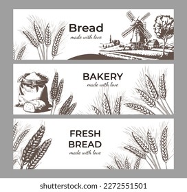 Vector vintage drawing of bread and pastries. Design for banner, flyer, logo, poster. Vector elements on the theme of baking.