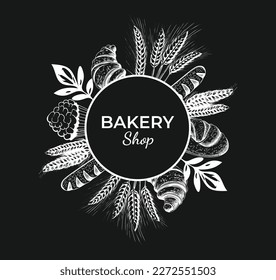 Vector vintage drawing of bread and pastries. Design for banner, flyer, logo, poster. Vector elements on the theme of baking.