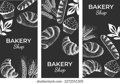 Vector vintage drawing of bread and pastries. Design for banner, flyer, logo, poster. Vector elements on the theme of baking.