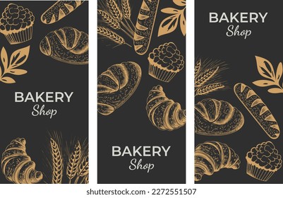 Vector vintage drawing of bread and pastries. Design for banner, flyer, logo, poster. Vector elements on the theme of baking.