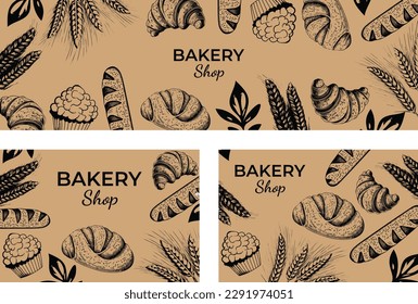 Vector vintage drawing of bread and pastry on paper background. Banner, poster, flyer layout. Black and white drawing design of a bakery.