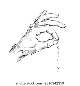 Vector vintage drawing of hand pouring spice isolated on a white background. Sketch of process salt sprinkle in engraving style.