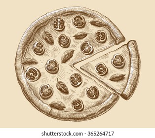 Vector Vintage drawing pizza and knife. Pencil sketch. Ribbon