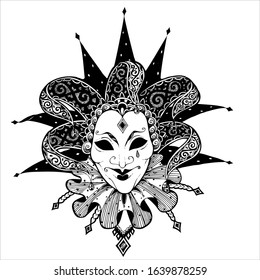 Vector vintage drawn venetian  carnival mask. Tradition jester, harlequin, fool ornamental mask with a large ornate collar and bells. Commedia dell'arte personage, mystery secret concept illustration