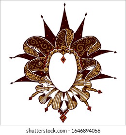 Vector Vintage Drawn Venetian  Carnival Mask. Tradition Jester, Harlequin, Fool Template For Photo With A Large Ornate Collar And Bells. Mystery Secret Concept Illustration