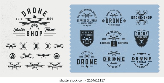 Vector vintage Drone, UAV logo set. Set of 10 Drone logo templates and 12 design elements for logo design. Pilot School, Flying Zone, Drone shop, delivery emblems. Trendy vintage hipster design.