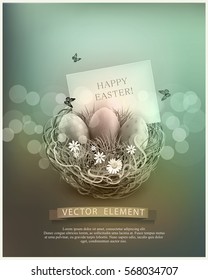 Vector vintage Easter eggs in a wicker nest, green grass and rectangular greeting card on a blue background