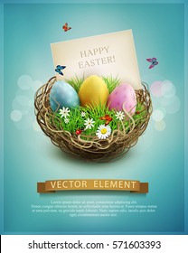 Vector vintage Easter eggs in wicker nest  green grass   rectangular greeting card blue background