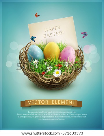 Vector vintage Easter eggs in a wicker nest, green grass and rectangular greeting card on a blue background