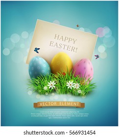 Vector vintage element for design. Easter eggs in green grass with white flowers, butterflies, vintage card for congratulation on a blue background