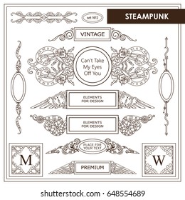 Vector vintage elements for design. Beautiful hand drawn boxes with place for text, perfect for dividers, headers, title. Rectangle and round box. Steampunk, abstract mechanical elements, sepia color