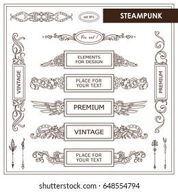 Vector vintage elements for design. Beautiful hand drawn boxes with place for text, perfect for dividers, headers, title. Rectangle and round box. Steampunk, abstract mechanical elements, sepia color