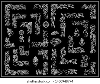 Vector vintage elements for design, black and white. Cute corners, dividers, tiny arts in Thanksgiving Day theme. Turkey, pumpkins, birds, vine, maize, ears of wheat, acorns, leaves. Chalkboard style