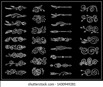 Vector vintage elements for design, black and white. Cute arrows, indexes, dividers, tiny arts in Thanksgiving Day theme. Turkey, birds, vine, maize, ears of wheat, acorns, leaves in chalkboard style