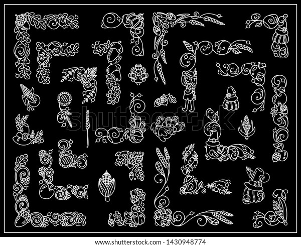Vector vintage elements for design, black and\
white. Cute corners, dividers, tiny arts in Thanksgiving Day theme.\
Turkey, pumpkins, birds, vine, maize, ears of wheat, acorns,\
leaves. Chalkboard\
style