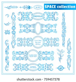Vector vintage elements for design. Blue watercolor style boxes with place for text, perfect for dividers, headers, title. Rectangle and round box. Stars, waves, Space and celestial body elements