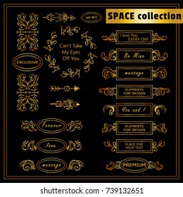 Vector vintage elements for design. Boxes with place for text, perfect for dividers, headers, title. Rectangle and round box. Stars, waves, Space and celestial body elements. Premium gold style