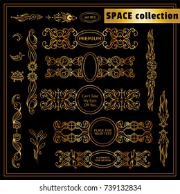Vector vintage elements for design. Boxes with place for text, perfect for dividers, headers, title. Rectangle and round box. Stars, waves, Space and celestial body elements. Premium gold style