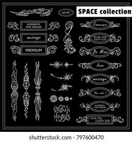 Elementos vectoriales para el diseño. Cuadros de estilo Chalkboard con lugar para texto, perfecto para separadores, encabezados, título. Rectángulo y caja redonda. Estrellas, olas, elementos del espacio y del cuerpo celestial