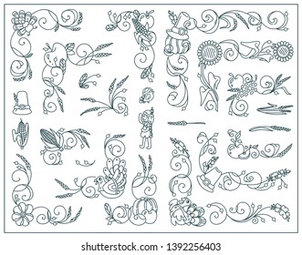 Vector vintage elements for design. Cute corners, dividers, tiny arts in Thanksgiving Day theme. Turkey, pumpkins, birds, vine, maize, ears of wheat, berries and leaves. Frames decoration   