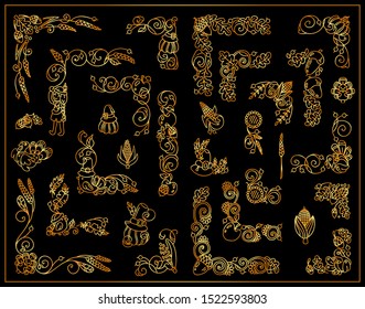 Vector vintage elements for design. Cute corners, dividers, tiny arts. Doodle Turkey, pumpkins, birds, vine, maize, ears of wheat, acorns, leaves. Beautiful metallic gold color