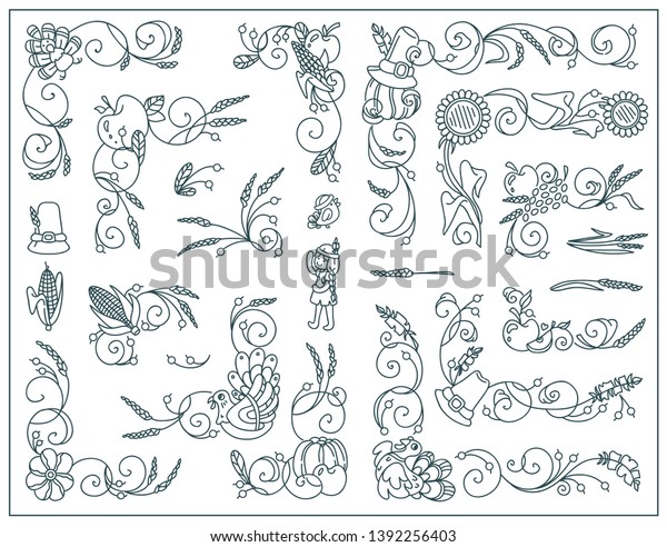 Vector\
vintage elements for design. Cute corners, dividers, tiny arts in\
Thanksgiving Day theme. Turkey, pumpkins, birds, vine, maize, ears\
of wheat, berries and leaves. Frames decoration  \
