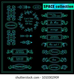 Vector vintage elements for design. Modern boxes with place for text, perfect for dividers, headers, title. Rectangle and round box. Stars, waves, Space and celestial body elements. Neon green-blue