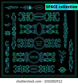 Vector vintage elements for design. Modern boxes with place for text, perfect for dividers, headers, title. Rectangle and round box. Stars, waves, Space and celestial body elements. Neon green-blue