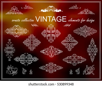 Vector vintage elements for design. Stars, squares and arts for logo, emblem, labels, stamps, dividers. Hand drawn grapes, bottles of wine, glasses, vine, candles sketch collection, white line 