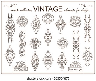 Vector vintage elements for design. Stars, squares and arts for logo, emblem, label, stamp, divider. Hand drawn wave leaves, flowers, hearts sketch collection. Classic sepia color