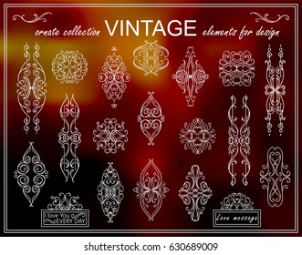 Vector vintage elements for design. Stars, squares and arts for logo, emblem, label, stamp, divider. Hand drawn wave leaves, flowers, hearts sketch collection. White line on photo background 