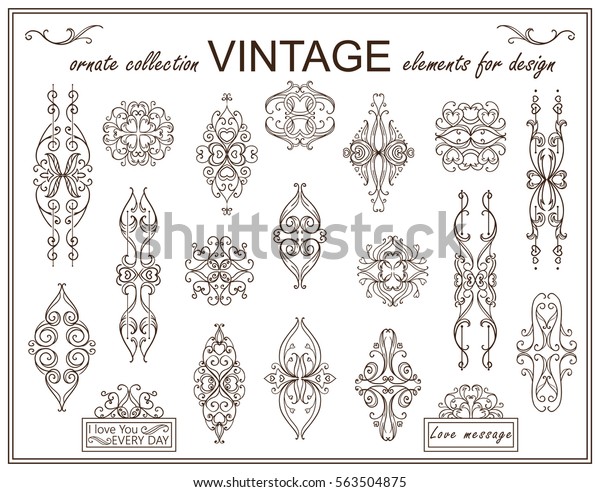 Vector\
vintage elements for design. Stars, squares and arts for logo,\
emblem, label, stamp, divider. Hand drawn wave leaves, flowers,\
hearts sketch collection. Classic sepia\
color
