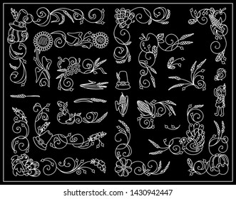 Vector vintage elements for frame design. Cute corners, dividers, tiny arts in Thanksgiving Day theme. Turkey, pumpkins, birds, vine, maize, ears of wheat, berries and leaves.  Chalkboard style