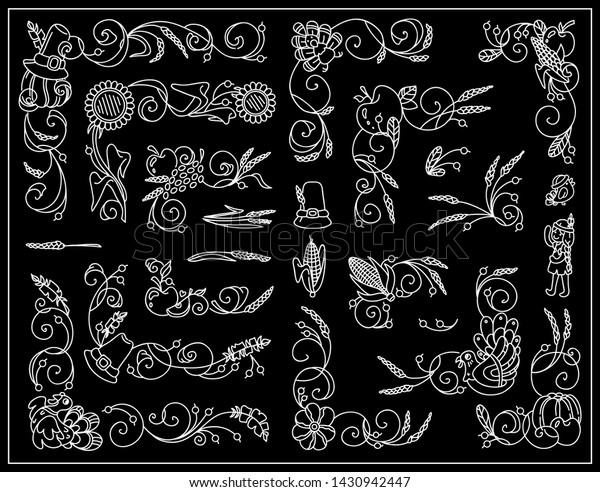 Vector vintage elements for frame design. Cute\
corners, dividers, tiny arts in Thanksgiving Day theme. Turkey,\
pumpkins, birds, vine, maize, ears of wheat, berries and leaves. \
Chalkboard style
