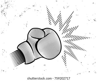 Vector vintage emblem for boxing with glove in engraving style. Logo for boxing on old paper background.