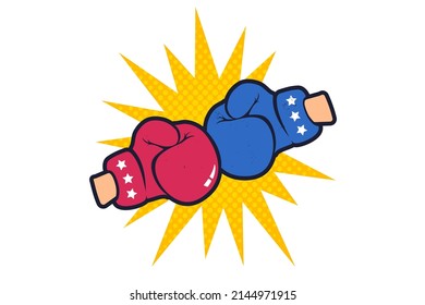 Vector vintage emblem for a boxing with red and blue gloves. Vector retro poster for boxing with gloves.