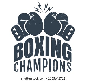 Emblema vintage de Vector para un boxeo con dos guantes. Logotipo retro para los campeones de boxeo.