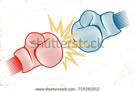 Vector vintage emblem for boxing with two gloves in engraving style. Logo for boxing on old paper background