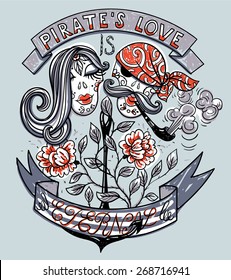 vector vintage emblem with a couple of pirate skulls, roses and anchor 