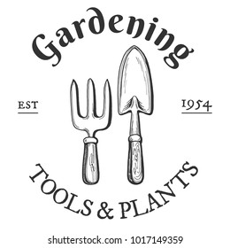 Vector vintage emblem. Gardening tools and plants. Fork and trowel hand drawn objects.