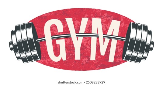 Emblema vintage de Vector para gimnasio con barra. Ilustración vectorial del logotipo deportivo. Emblema de barra de acero para culturismo y fitness.