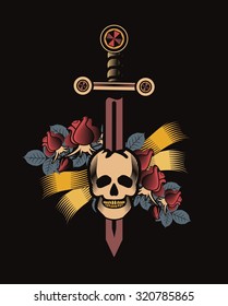vector vintage emblem of a human skull and a sword, heraldry and symbols