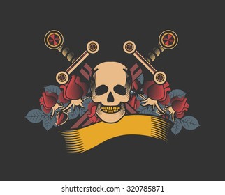 vector vintage emblem of a human skull and a sword, heraldry and symbols