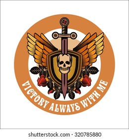 vector vintage emblem of a human skull and a sword, heraldry and symbols