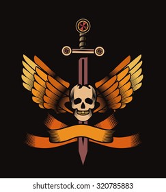 vector vintage emblem of a human skull and a sword, heraldry and symbols