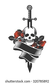 vector vintage emblem of a human skull and a sword, heraldry and symbols