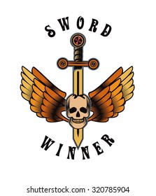 vector vintage emblem of a human skull and a sword, heraldry and symbols